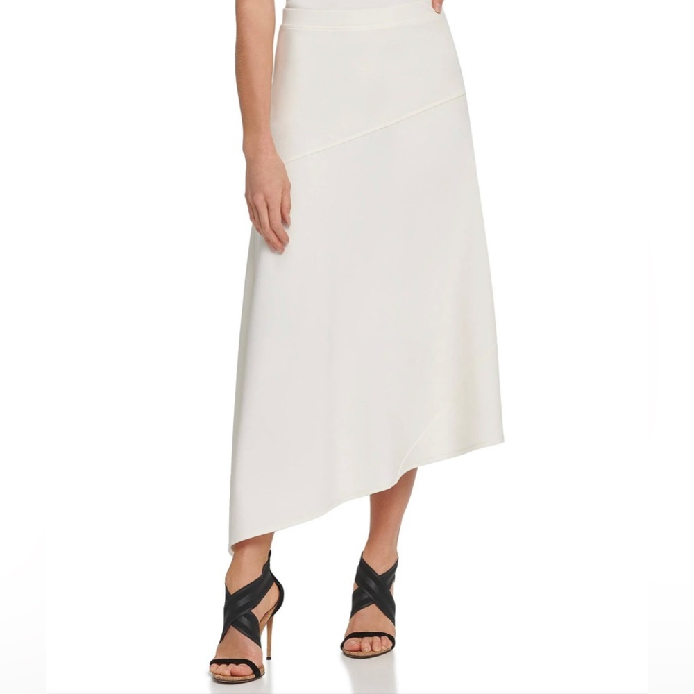 DKNY Women’s XS Ivory Panel Pull On Midi Asymmetrical Skirt Lined Classic Mature